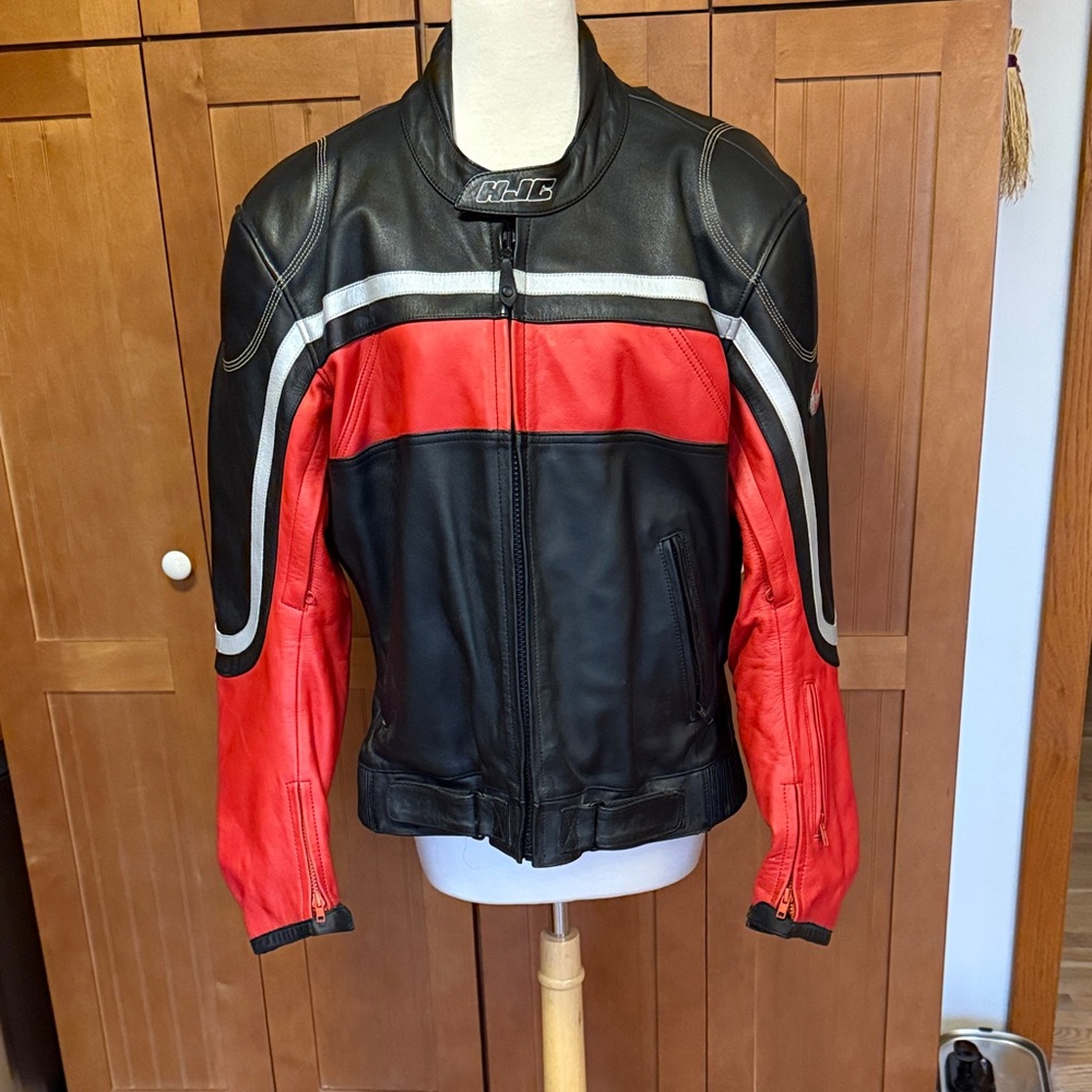 HJC professional Black and Red Leather Motorcycle Jacket. 48